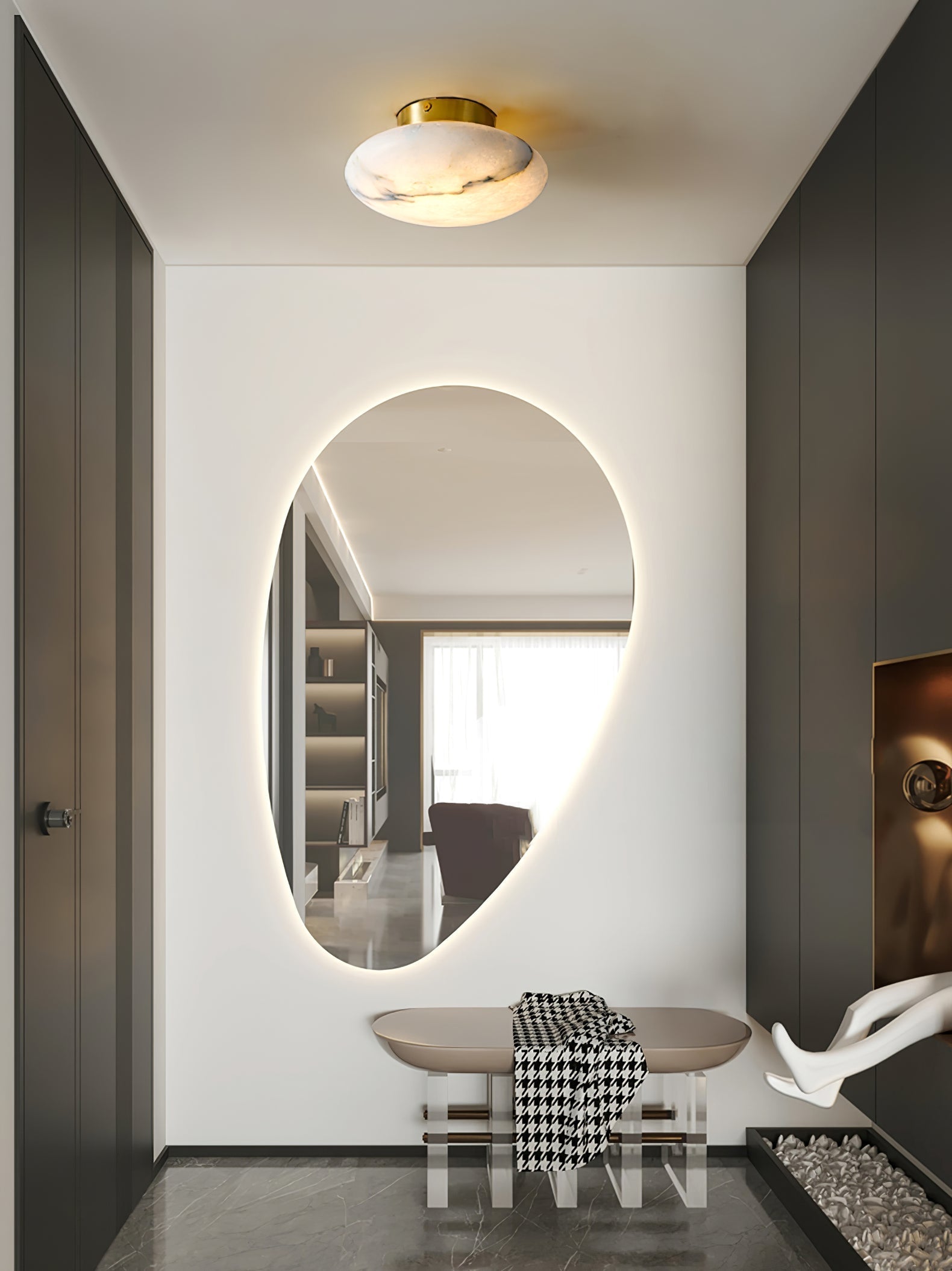 Natural Alabaster Stone Oval Ceiling Lamp with Brass Base and Integrated LED