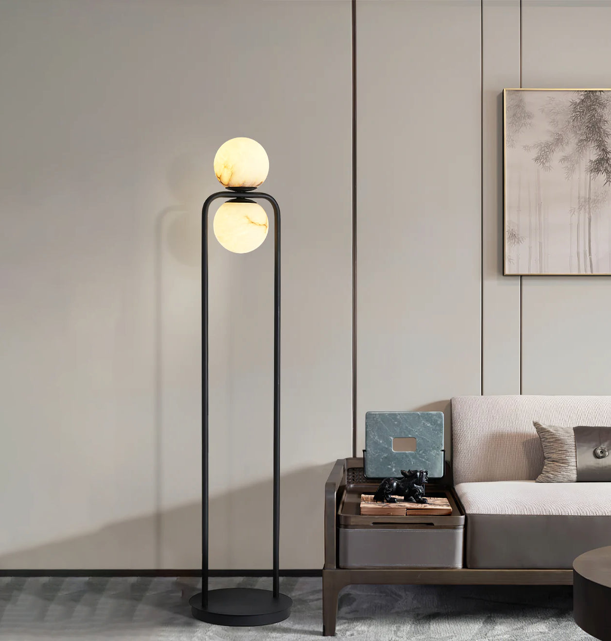 Modern Alabaster Tribeca Standing Floor Lamp with Natural Stone Shade and Black Metal Frame