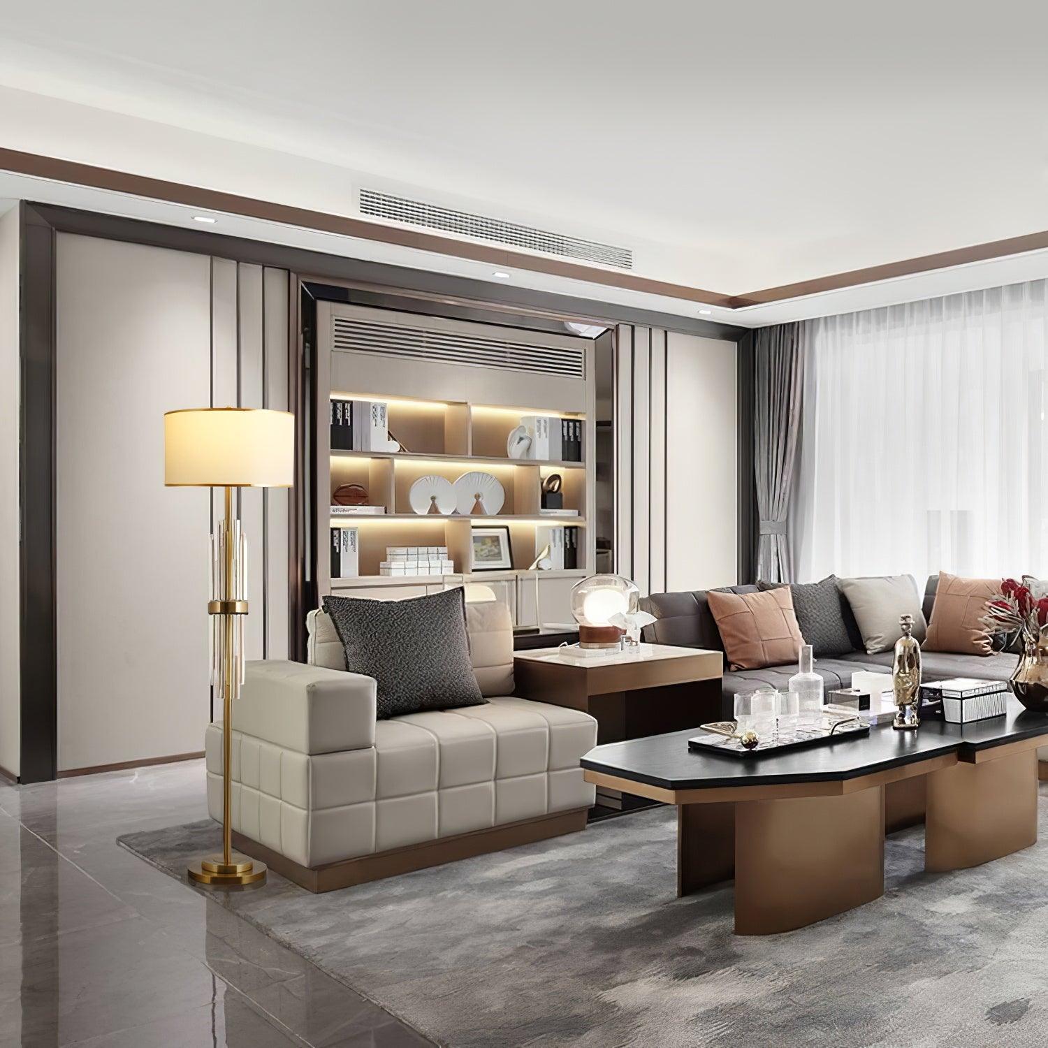 Modern Tall Linear Floor Lamp with Gold Metal Accents and Beige Fabric Shade