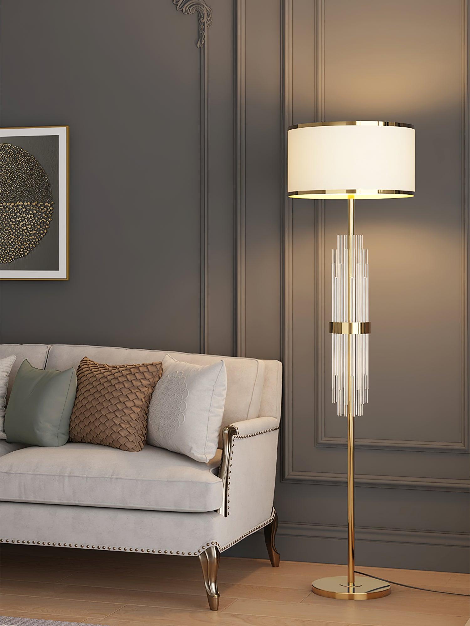 Modern Tall Linear Floor Lamp with Gold Metal Accents and Beige Fabric Shade