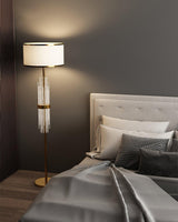 Modern Tall Linear Floor Lamp with Gold Metal Accents and Beige Fabric Shade