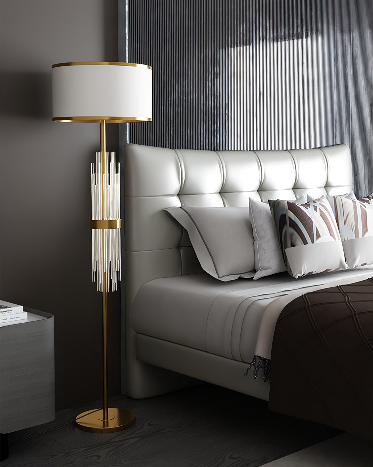 Modern Tall Linear Floor Lamp with Gold Metal Accents and Beige Fabric Shade