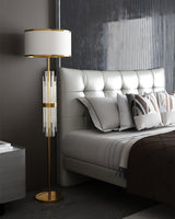 Modern Tall Linear Floor Lamp with Gold Metal Accents and Beige Fabric Shade