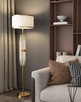 Modern Tall Linear Floor Lamp with Gold Metal Accents and Beige Fabric Shade