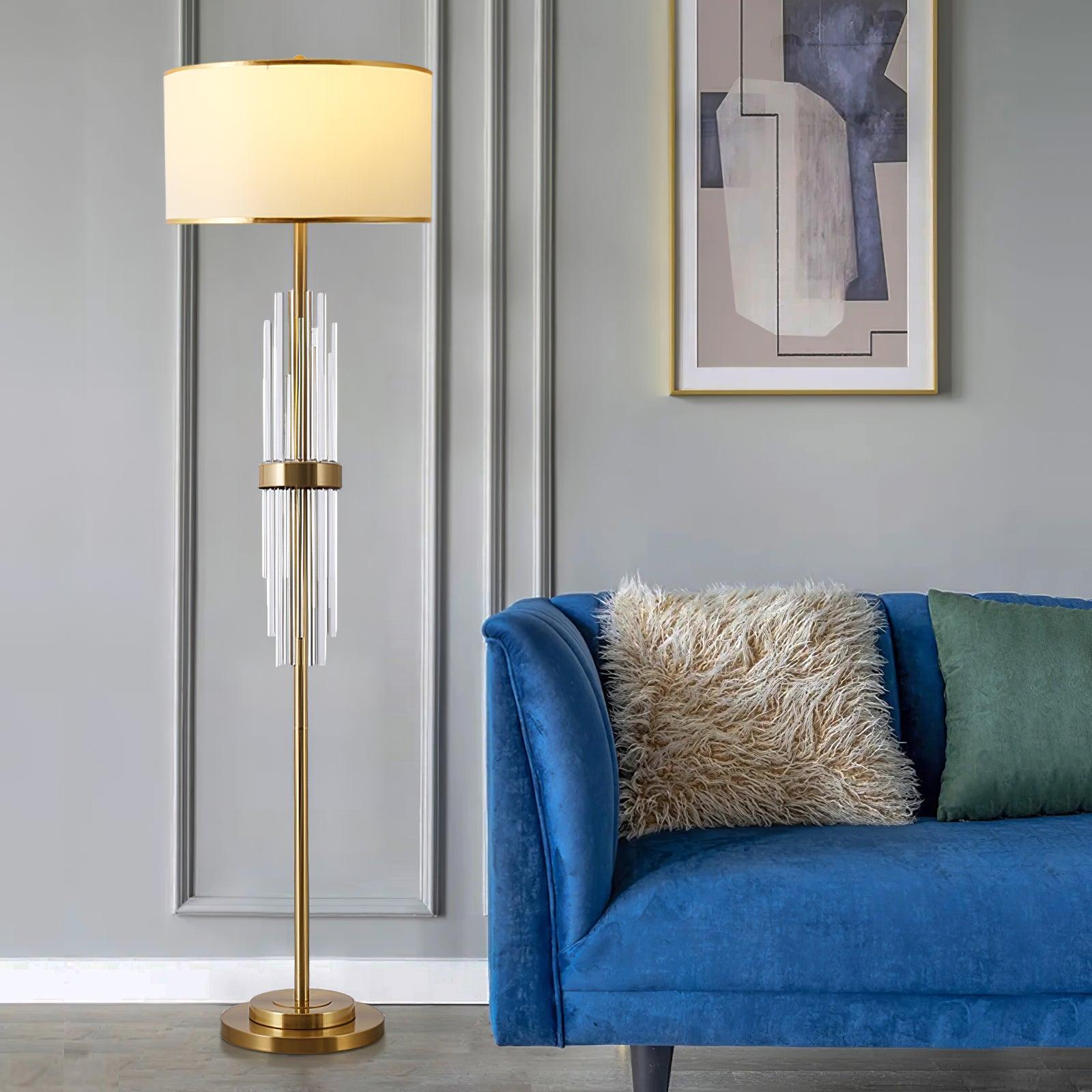 Modern Tall Linear Floor Lamp with Gold Metal Accents and Beige Fabric Shade