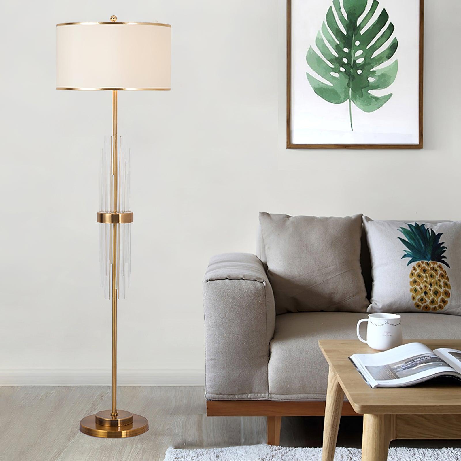 Modern Tall Linear Floor Lamp with Gold Metal Accents and Beige Fabric Shade
