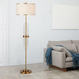 Modern Tall Linear Floor Lamp with Gold Metal Accents and Beige Fabric Shade