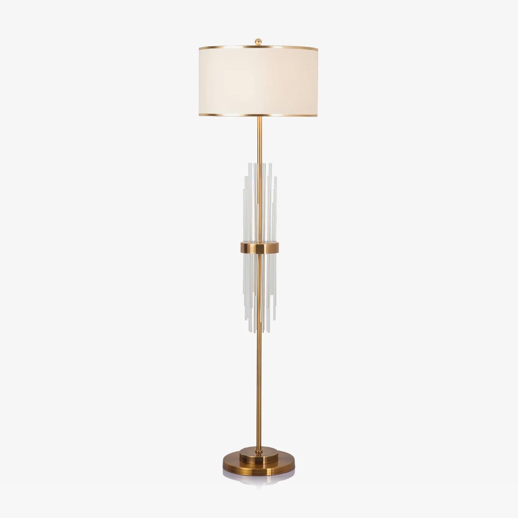 Modern Tall Linear Floor Lamp with Gold Metal Accents and Beige Fabric Shade