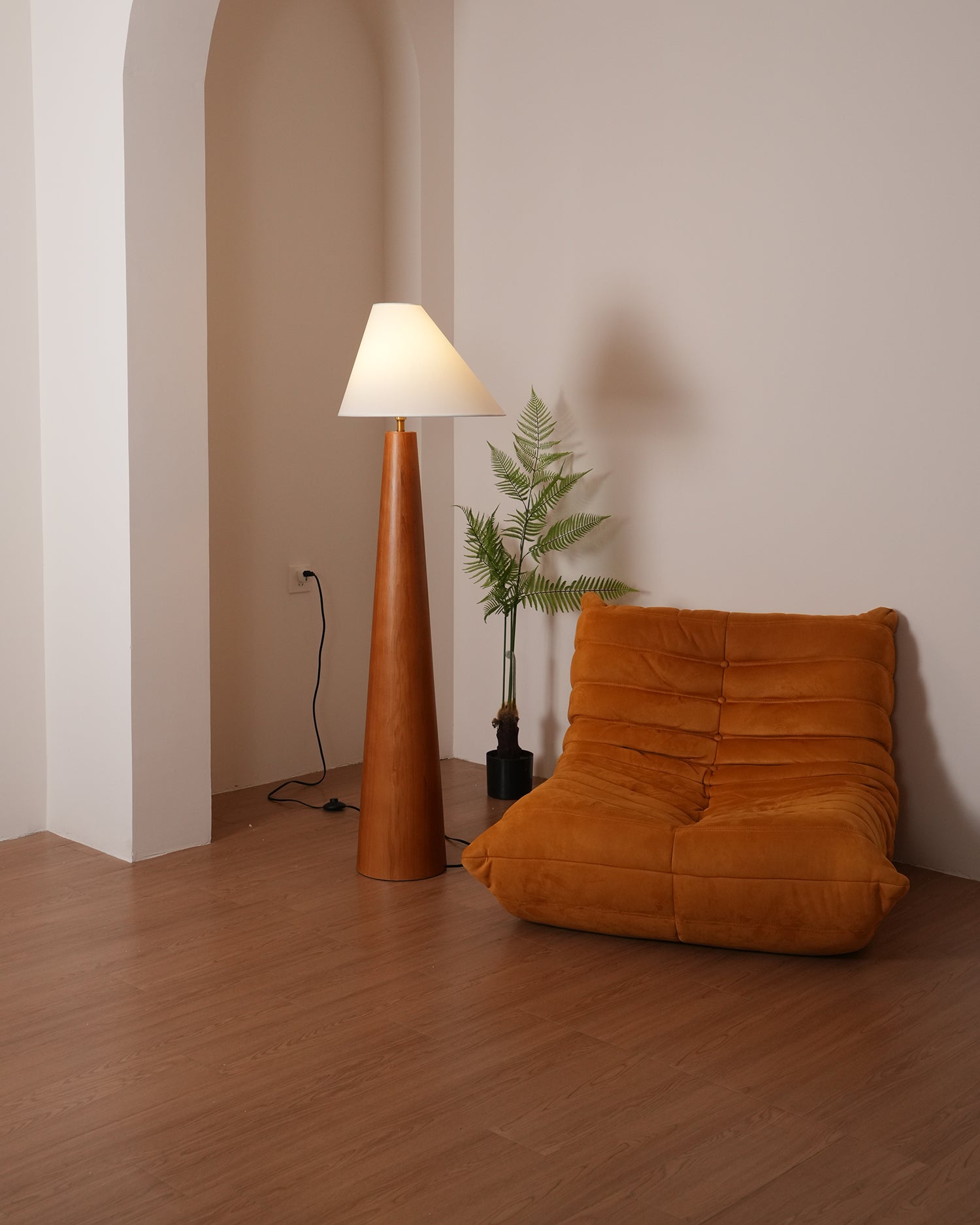Modern Wood Floor Lamp with Asymmetrical Linen Shade for Contemporary Living Room Lighting