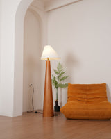 Modern Wood Floor Lamp with Asymmetrical Linen Shade for Contemporary Living Room Lighting