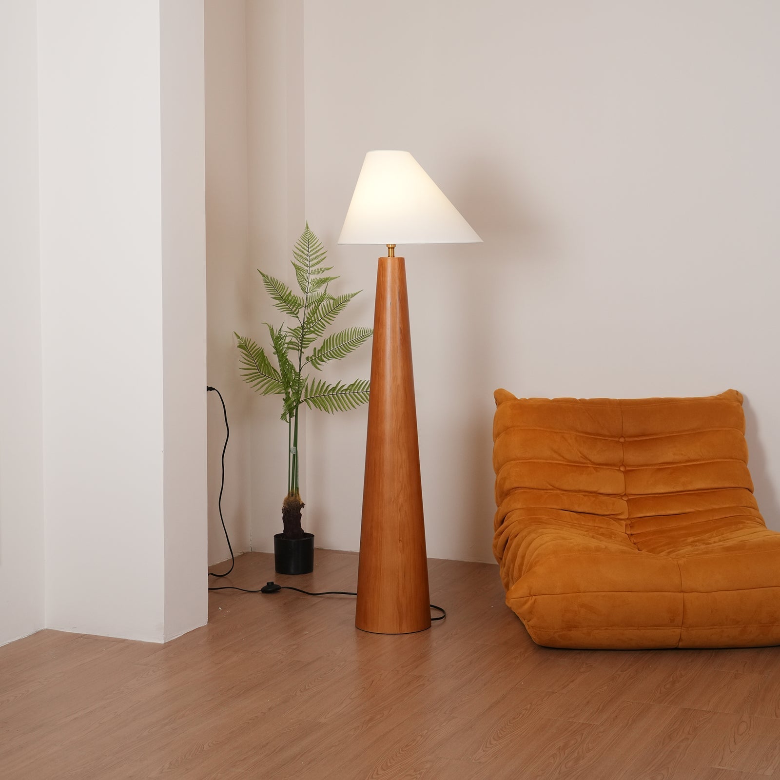 Modern Wood Floor Lamp with Asymmetrical Linen Shade for Contemporary Living Room Lighting