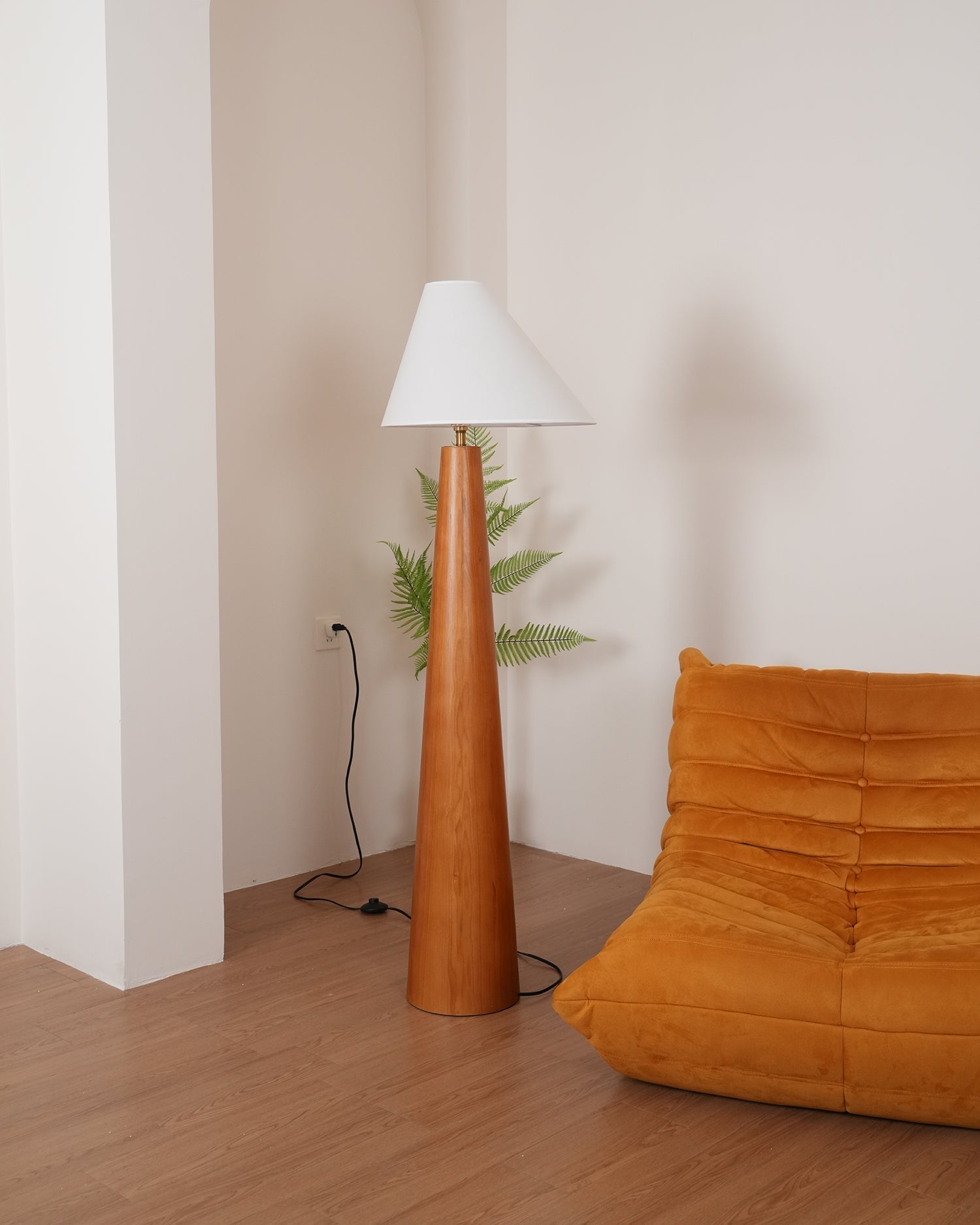 Modern Wood Floor Lamp with Asymmetrical Linen Shade for Contemporary Living Room Lighting