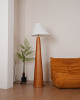 Modern Wood Floor Lamp with Asymmetrical Linen Shade for Contemporary Living Room Lighting