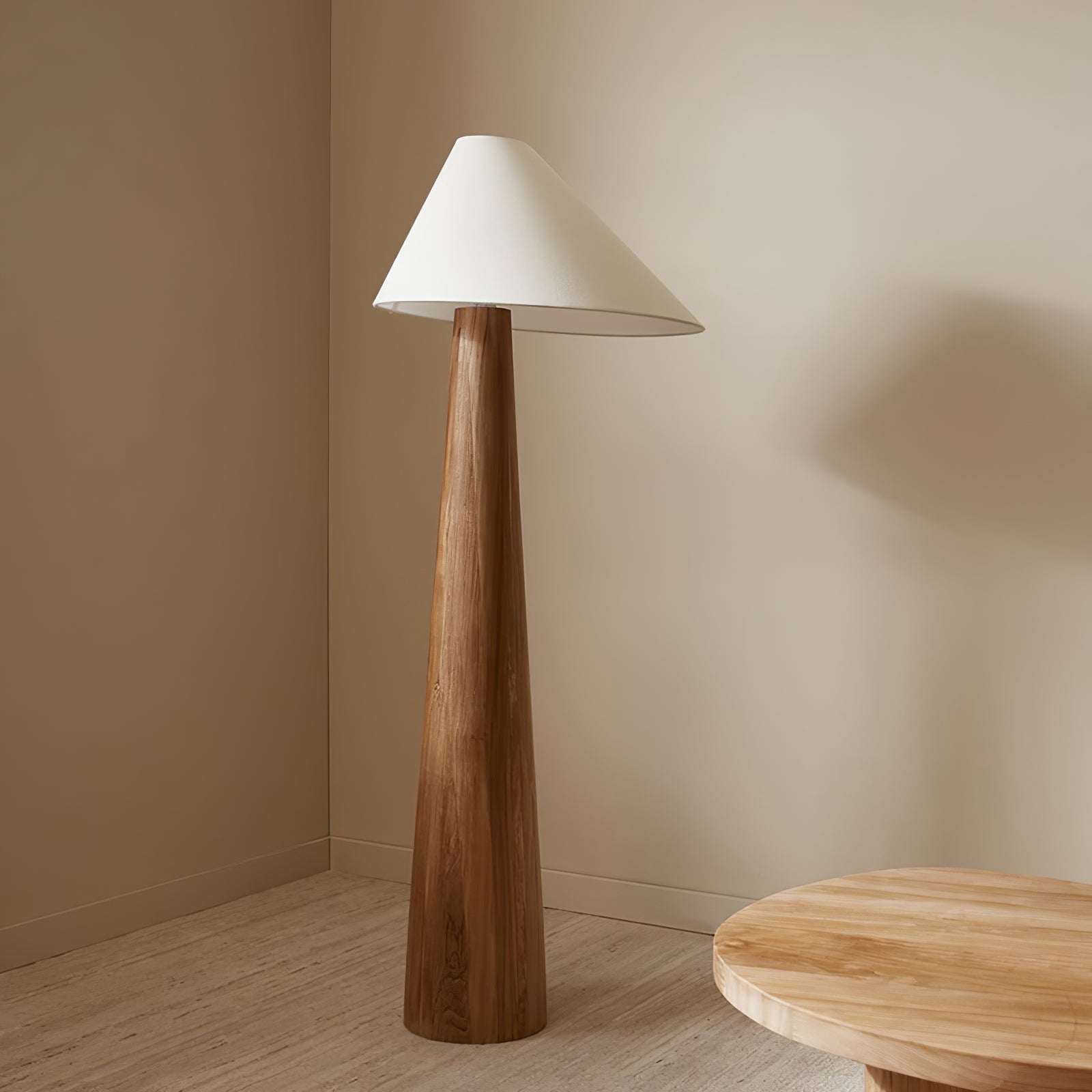 Modern Wood Floor Lamp with Asymmetrical Linen Shade for Contemporary Living Room Lighting