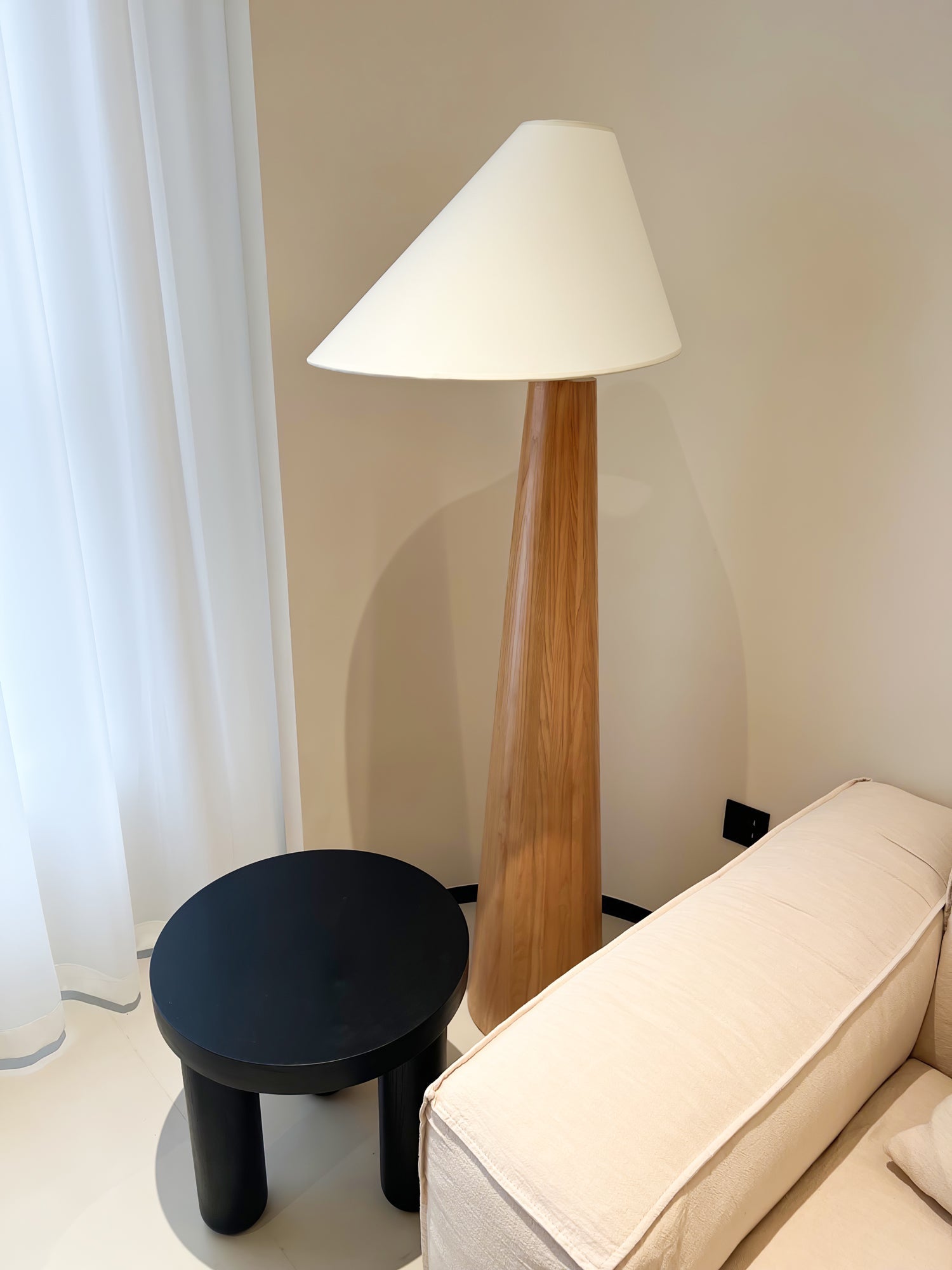 Modern Wood Floor Lamp with Asymmetrical Linen Shade for Contemporary Living Room Lighting