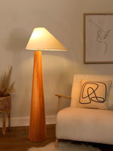 Modern Wood Floor Lamp with Asymmetrical Linen Shade for Contemporary Living Room Lighting
