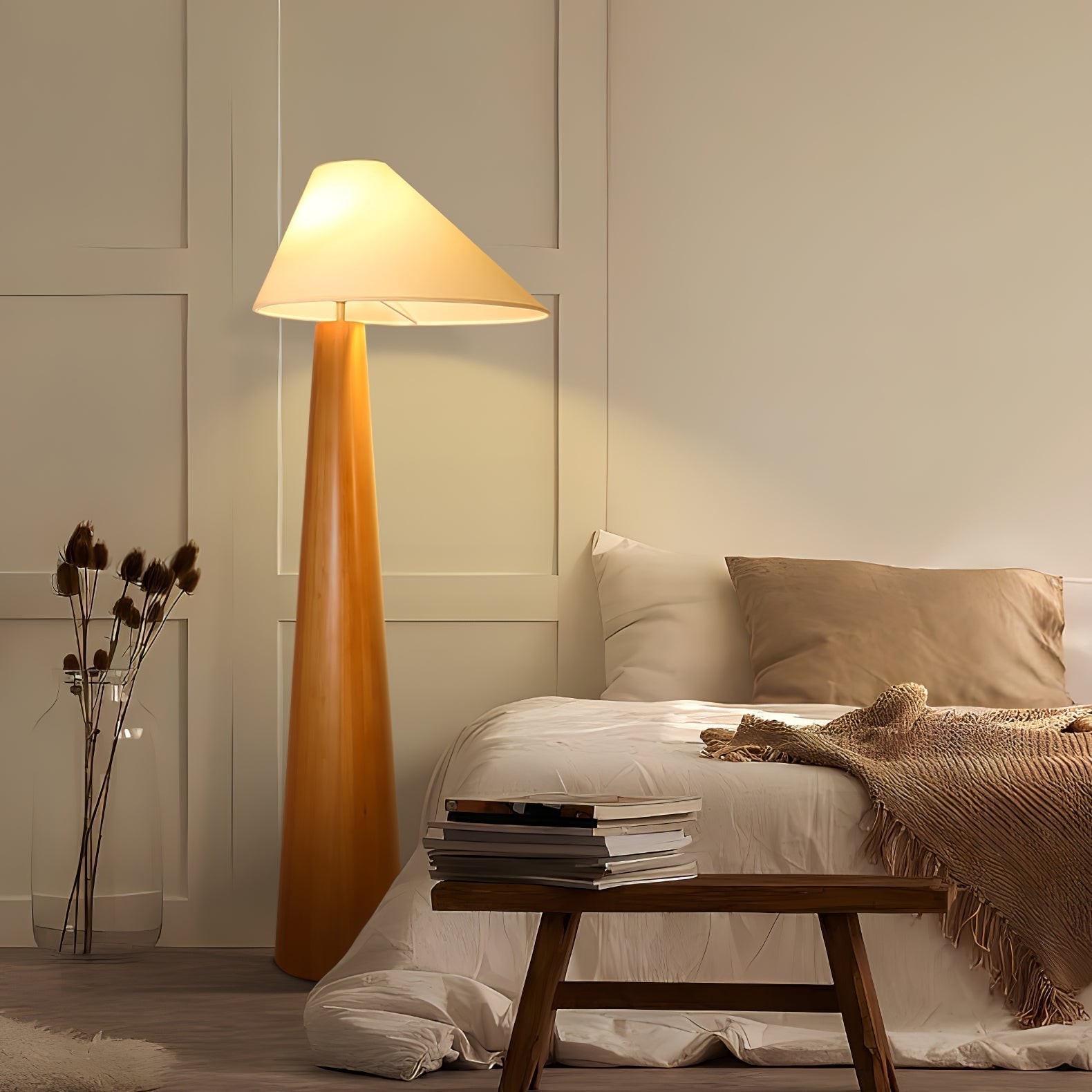 Modern Wood Floor Lamp with Asymmetrical Linen Shade for Contemporary Living Room Lighting