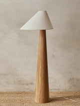 Modern Wood Floor Lamp with Asymmetrical Linen Shade for Contemporary Living Room Lighting