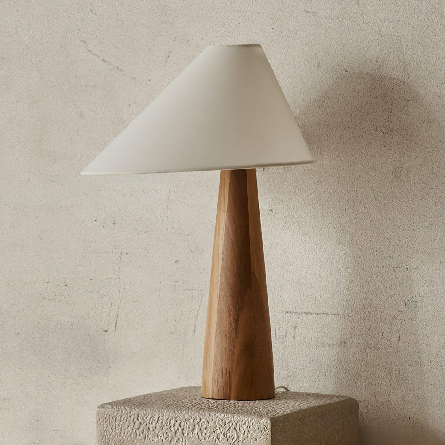 Minimalist Wooden Bedside Table Lamp with Asymmetrical White Fabric Shade