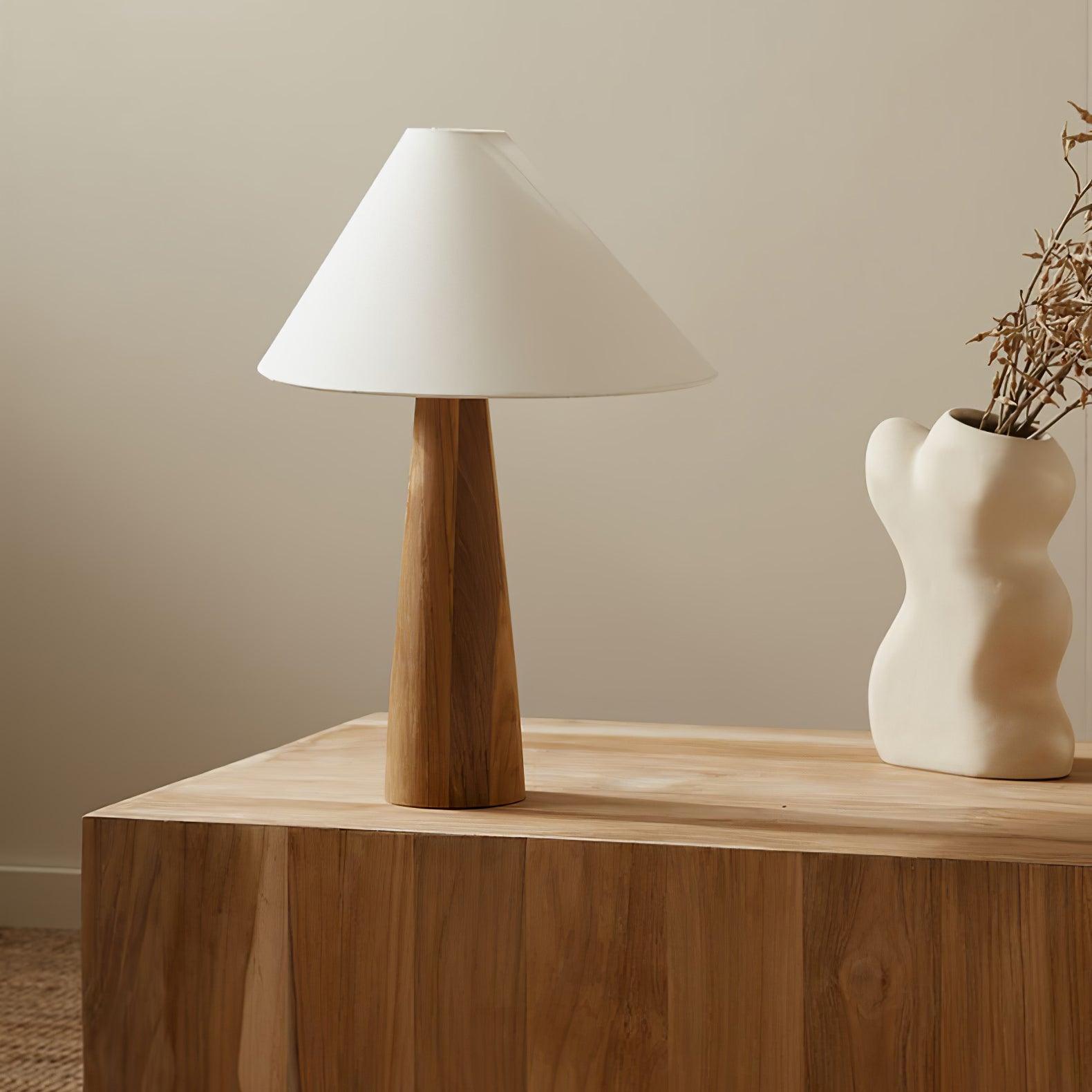 Minimalist Wooden Bedside Table Lamp with Asymmetrical White Fabric Shade