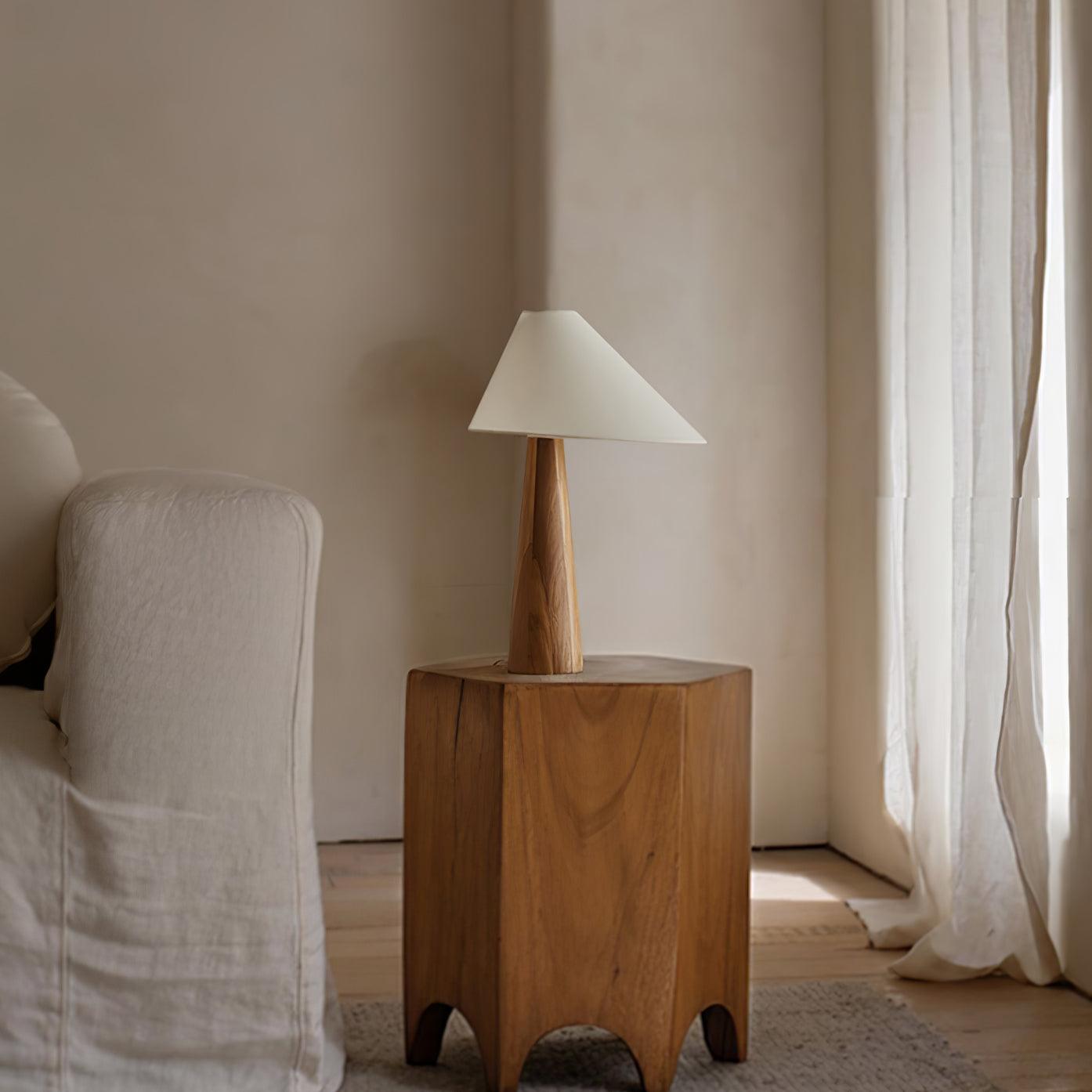Minimalist Wooden Bedside Table Lamp with Asymmetrical White Fabric Shade