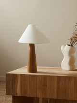 Minimalist Wooden Bedside Table Lamp with Asymmetrical White Fabric Shade