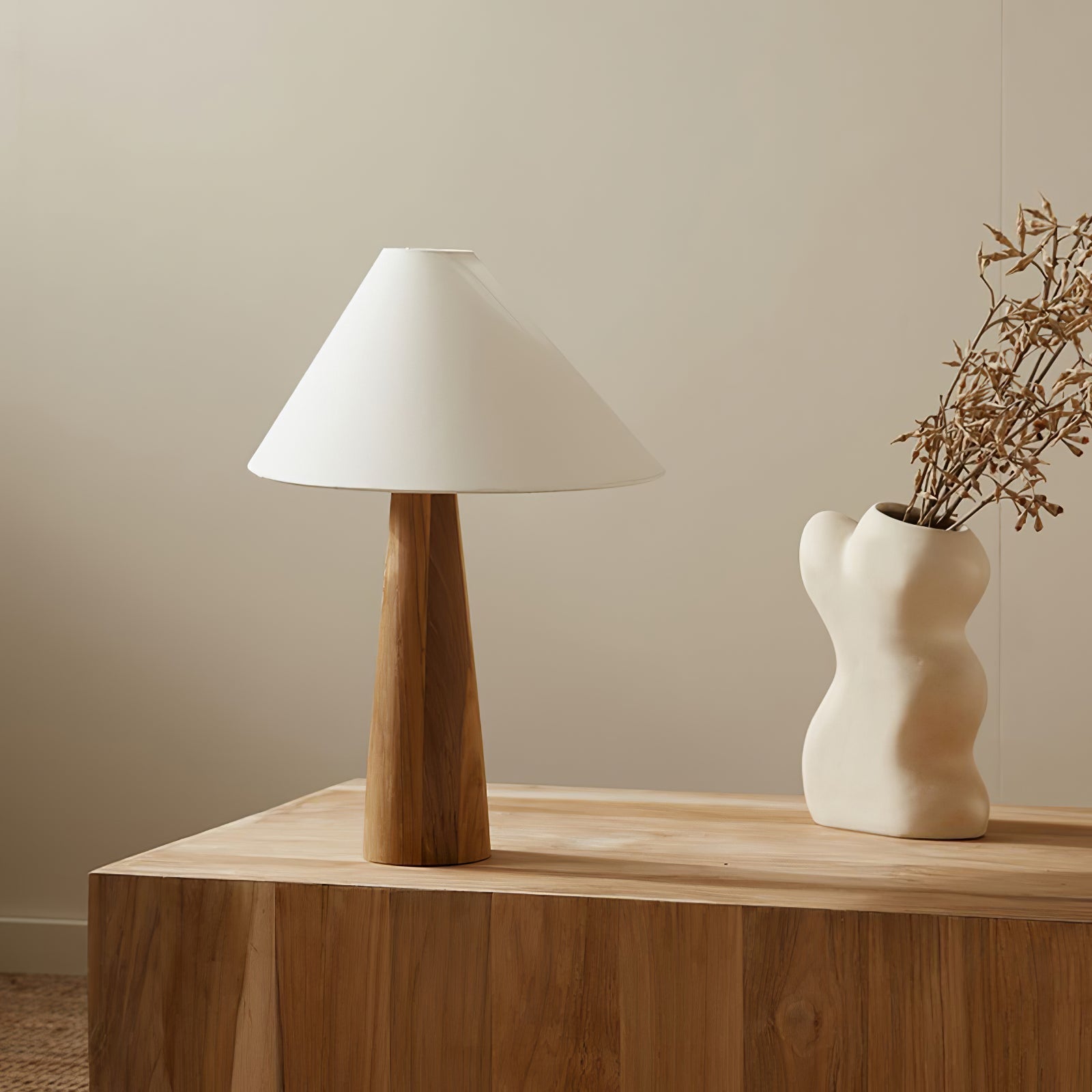 Minimalist Wooden Bedside Table Lamp with Asymmetrical White Fabric Shade