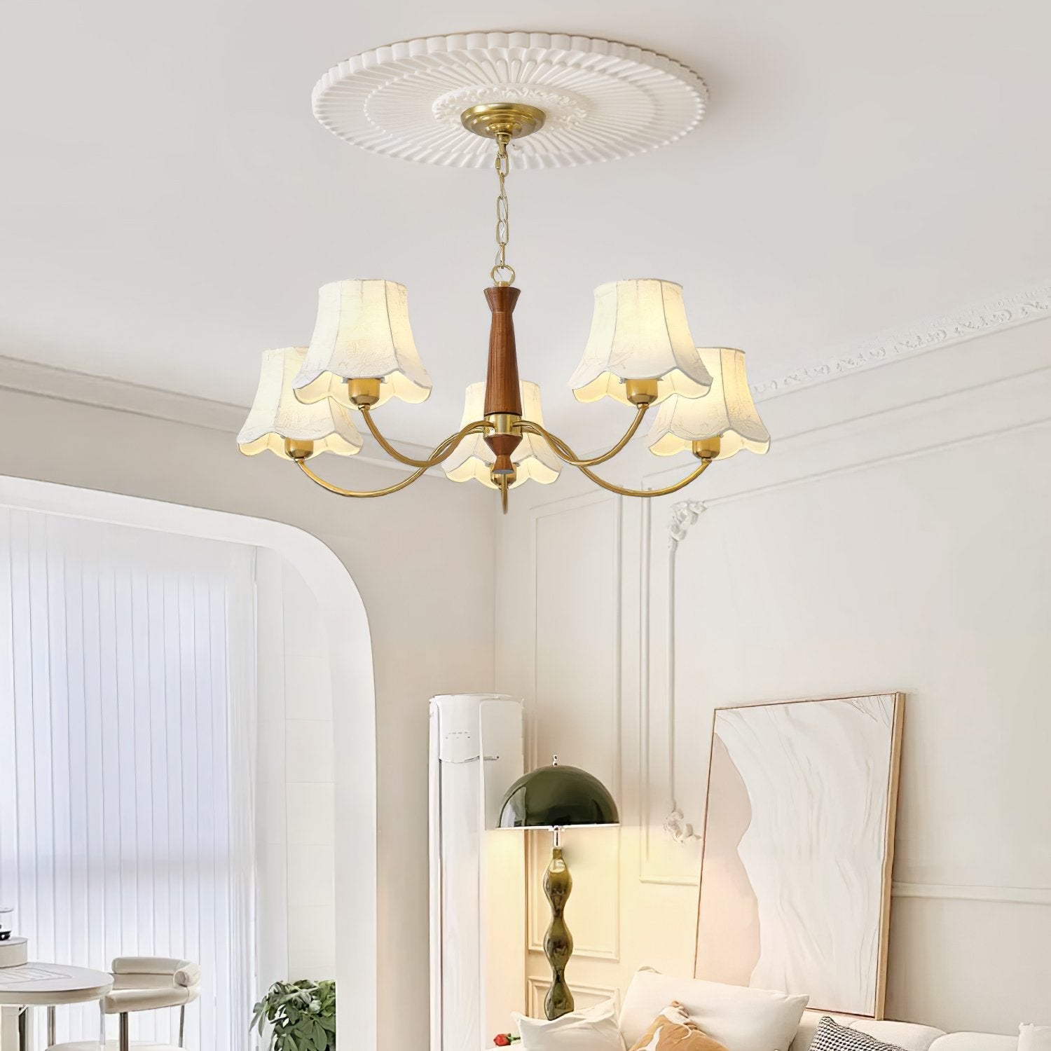 modern-conical-fabric-chandelier-with-brass-and-walnut-wood-accents-for-living-room