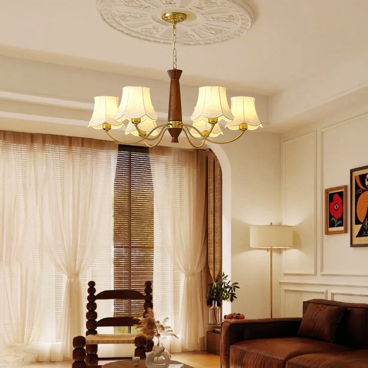 modern-conical-fabric-chandelier-with-brass-and-walnut-wood-accents-for-living-room