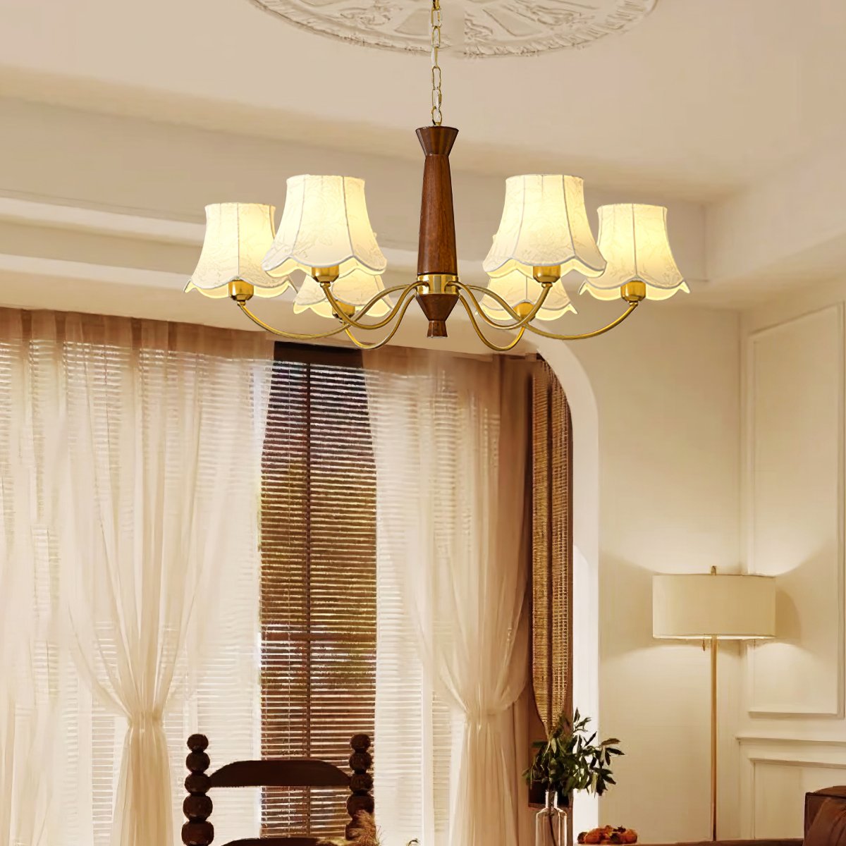 modern-conical-fabric-chandelier-with-brass-and-walnut-wood-accents-for-living-room