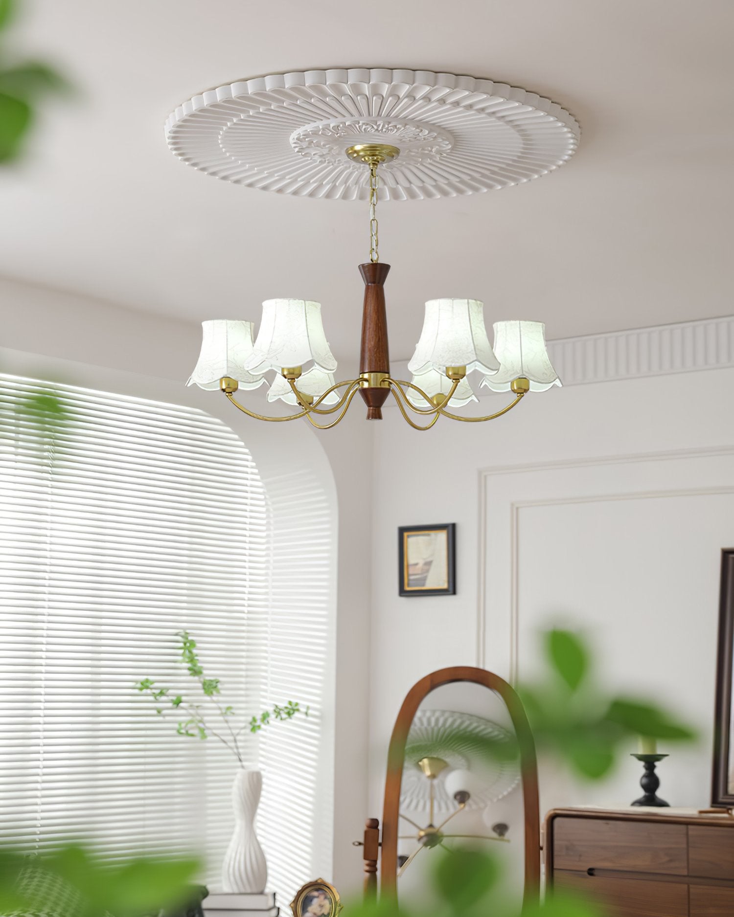 modern-conical-fabric-chandelier-with-brass-and-walnut-wood-accents-for-living-room