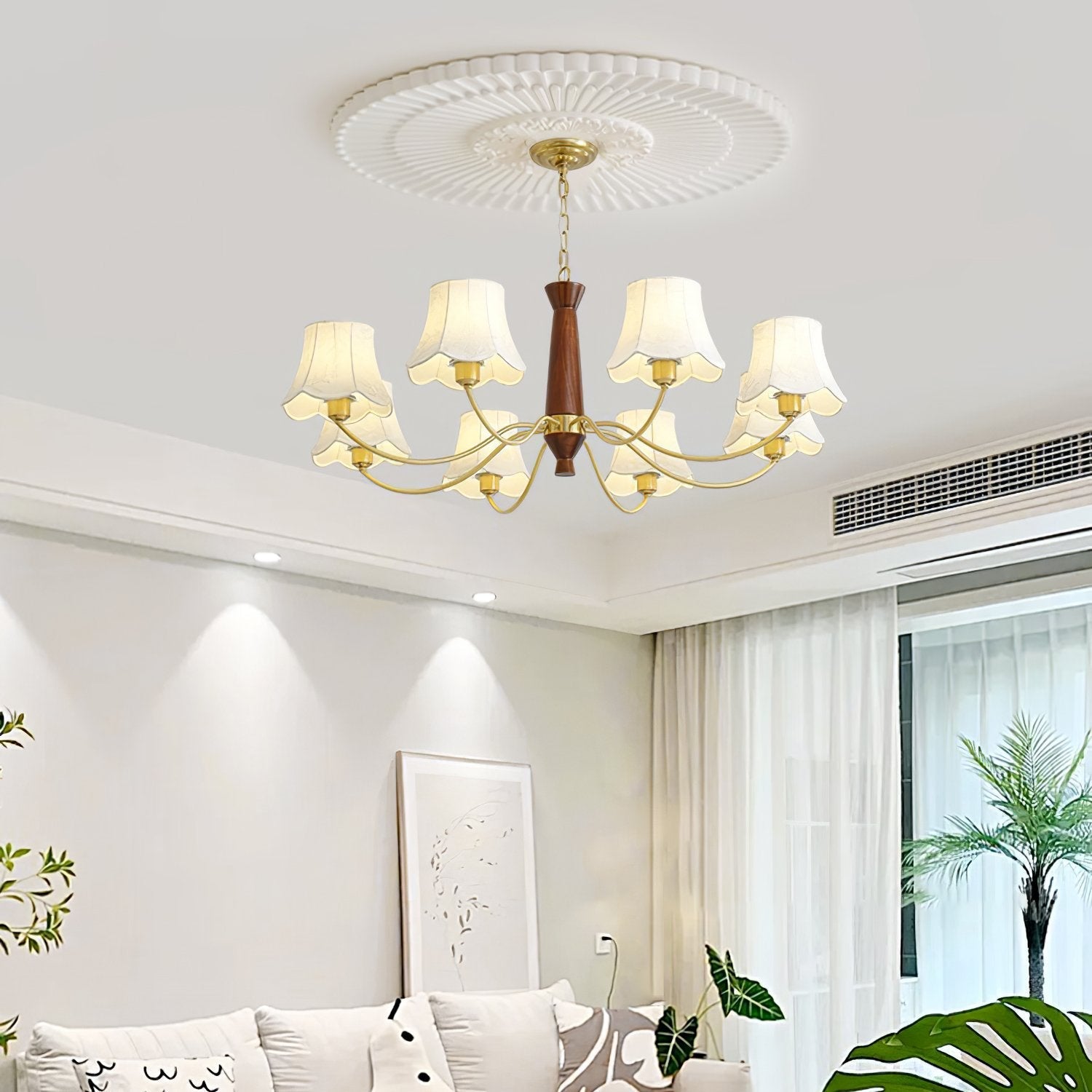 modern-conical-fabric-chandelier-with-brass-and-walnut-wood-accents-for-living-room