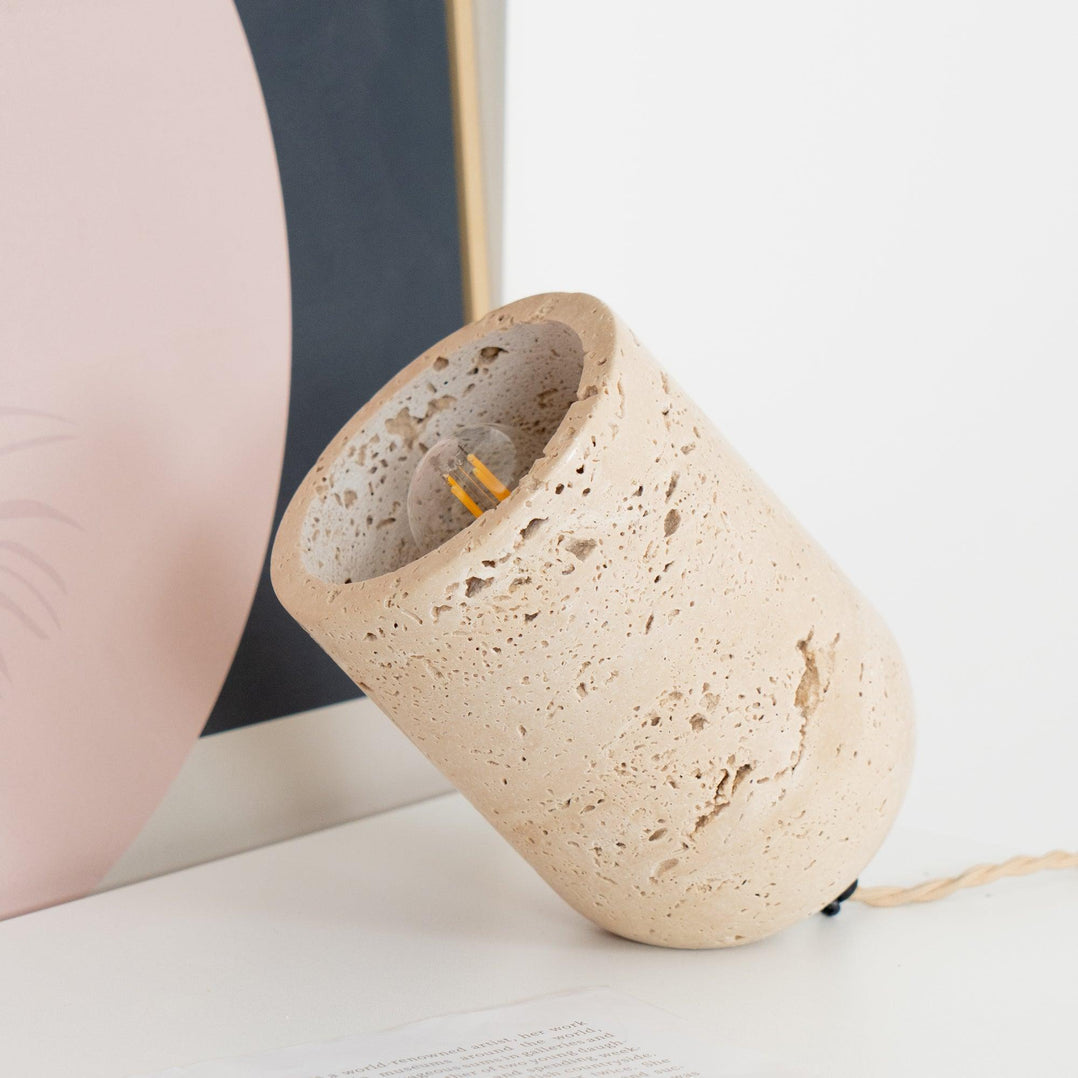 Modern Yellow Travertine Stone Table Lamp with Natural Wood Edge for Bedside