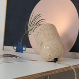 Modern Yellow Travertine Stone Table Lamp with Natural Wood Edge for Bedside