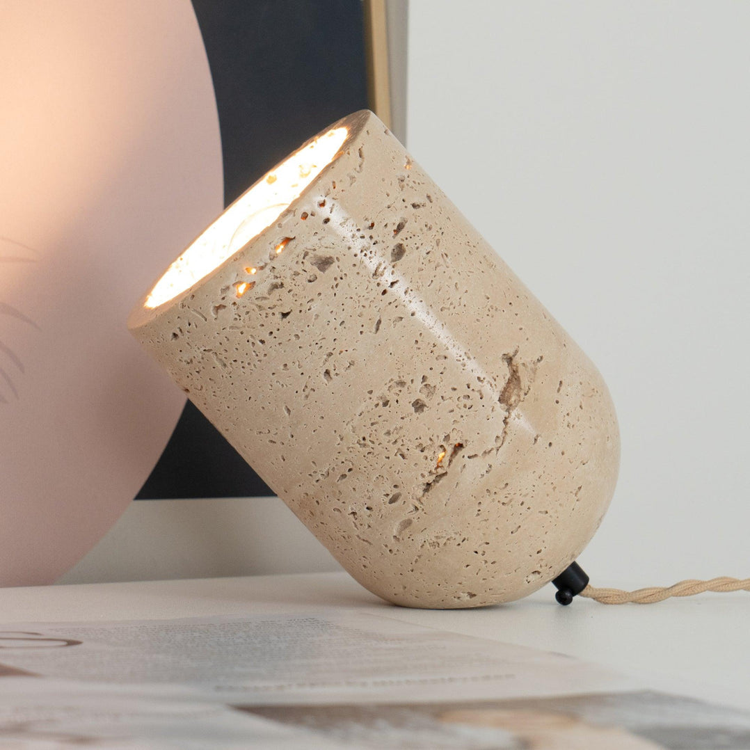 Modern Yellow Travertine Stone Table Lamp with Natural Wood Edge for Bedside