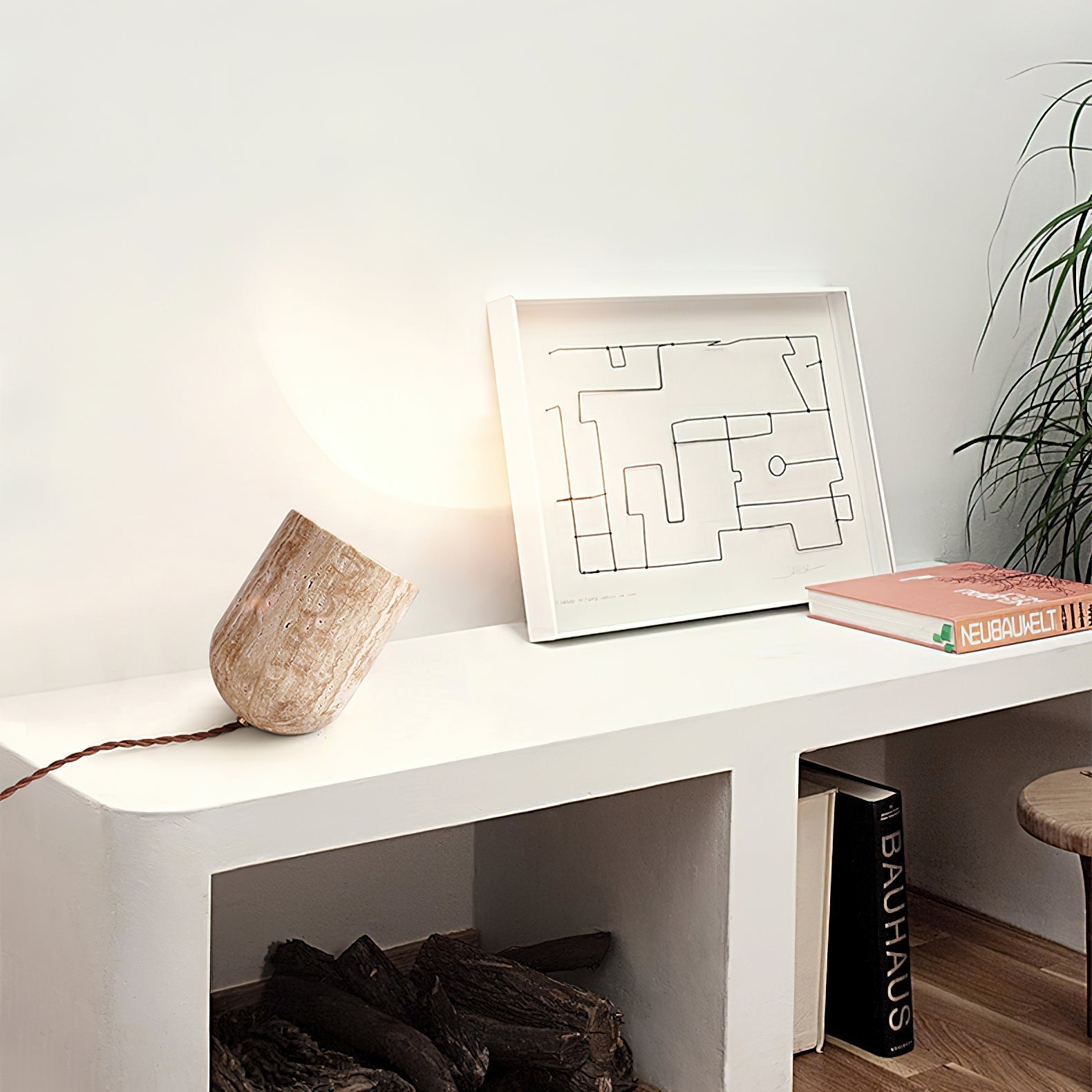 Modern Yellow Travertine Stone Table Lamp with Natural Wood Edge for Bedside