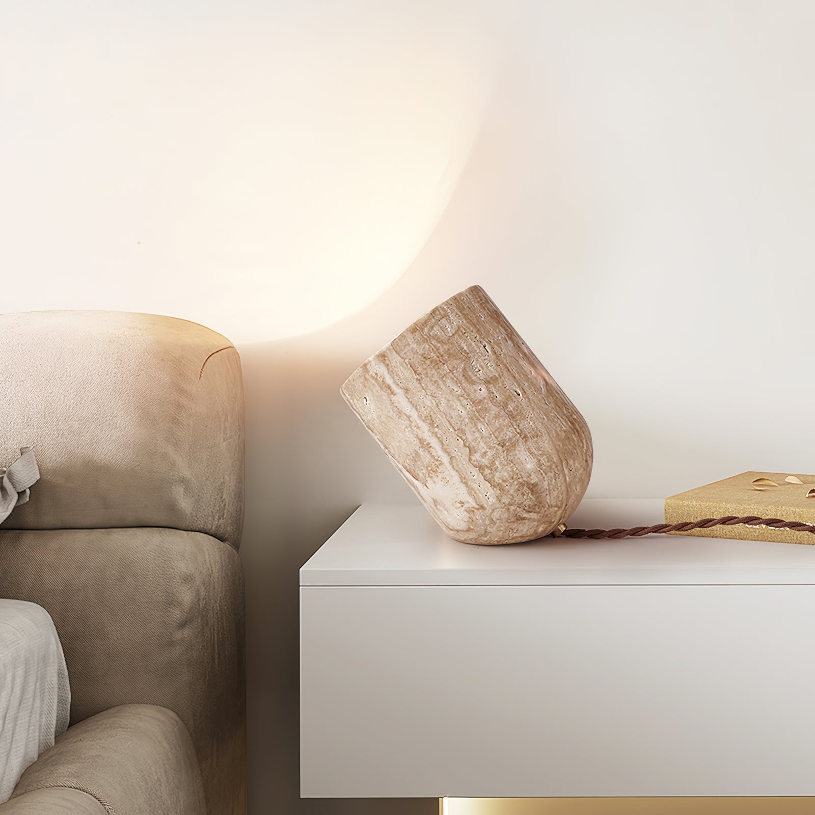 Modern Yellow Travertine Stone Table Lamp with Natural Wood Edge for Bedside