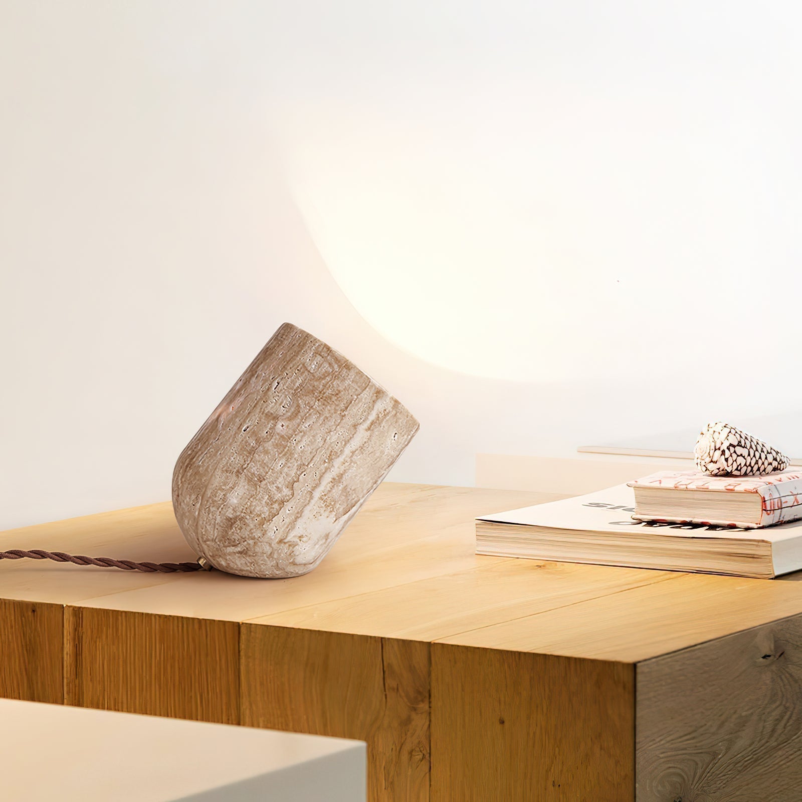 Modern Yellow Travertine Stone Table Lamp with Natural Wood Edge for Bedside