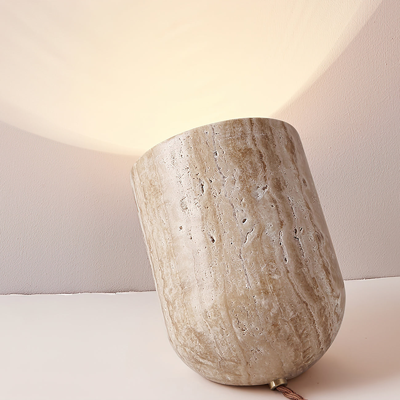 Modern Yellow Travertine Stone Table Lamp with Natural Wood Edge for Bedside