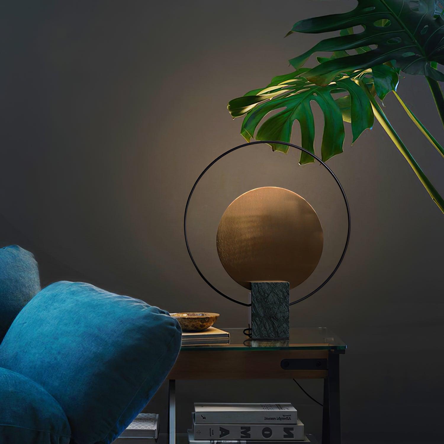 Geometric Hoop Industrial LED Table Lamp with Marble Base and Aged Gold Accents