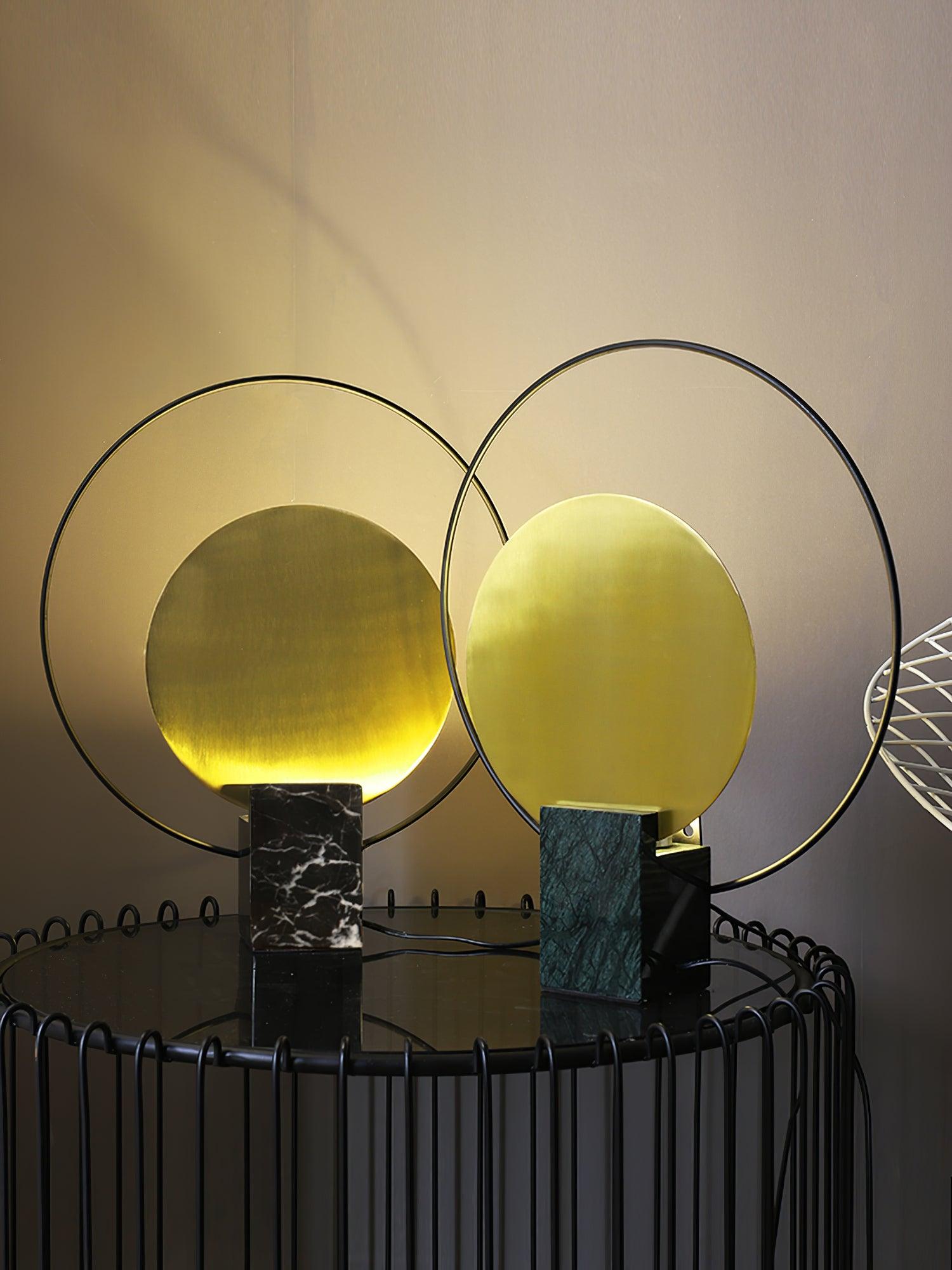 Geometric Hoop Industrial LED Table Lamp with Marble Base and Aged Gold Accents