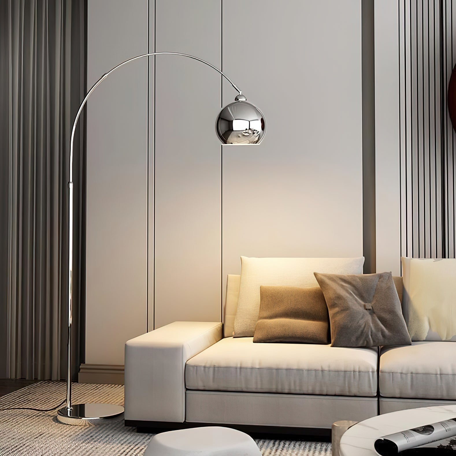 Modern Angler Chrome Floor Lamp with Adjustable Telescopic Arm and Metal Uplight for Living Room