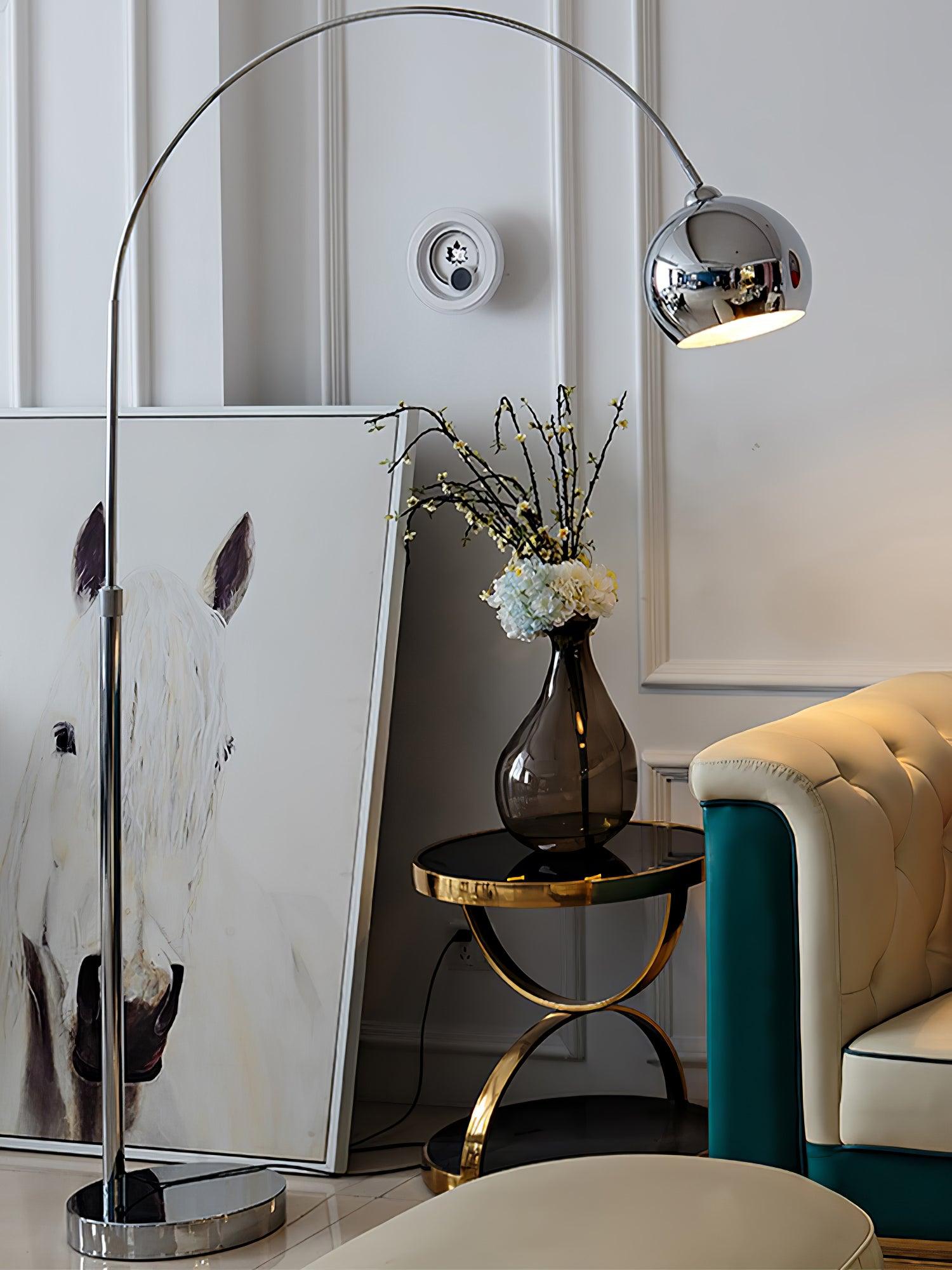 Modern Angler Chrome Floor Lamp with Adjustable Telescopic Arm and Metal Uplight for Living Room
