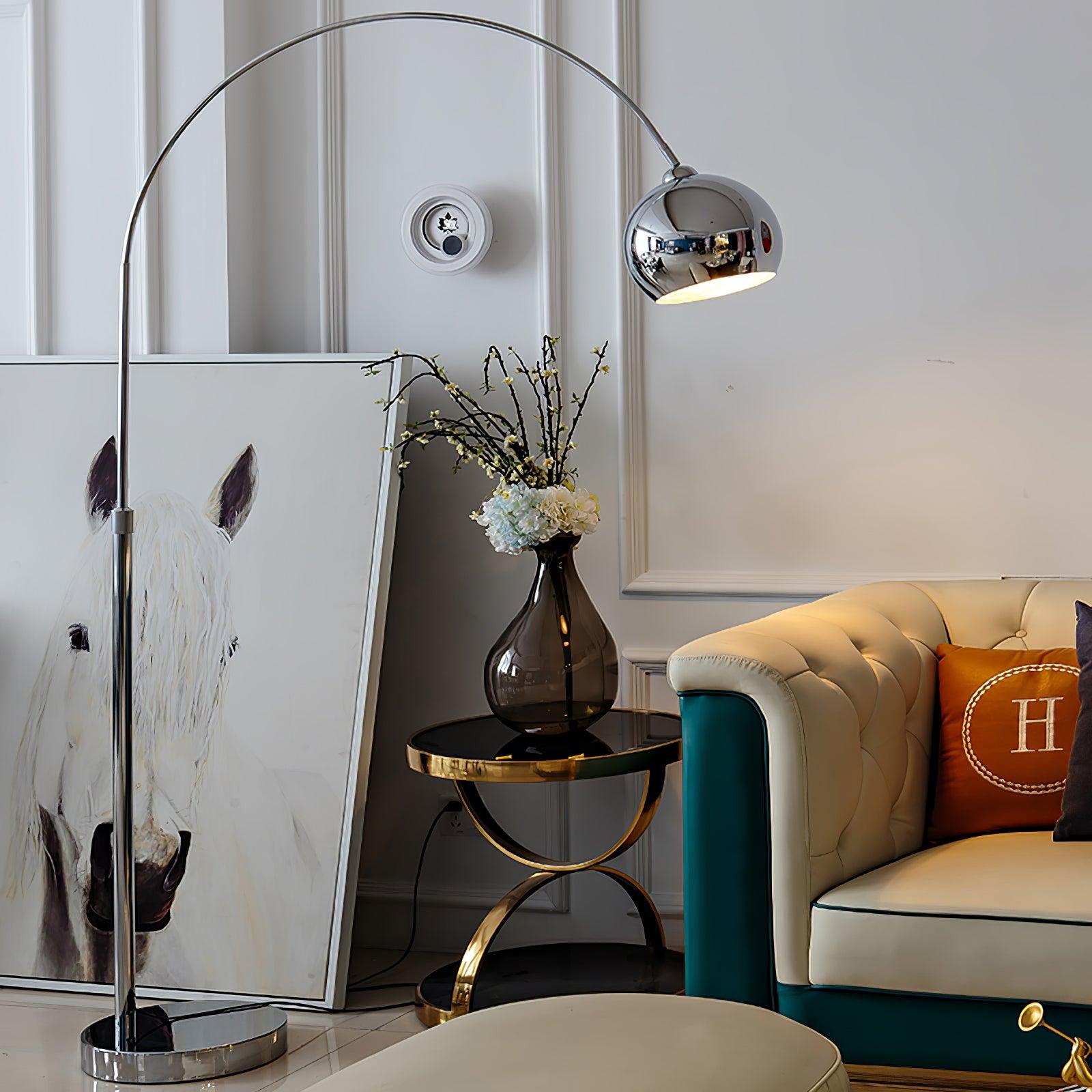 Modern Angler Chrome Floor Lamp with Adjustable Telescopic Arm and Metal Uplight for Living Room