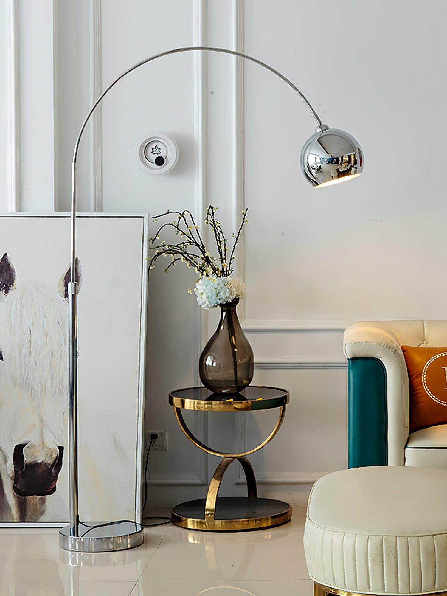 Modern Angler Chrome Floor Lamp with Adjustable Telescopic Arm and Metal Uplight for Living Room