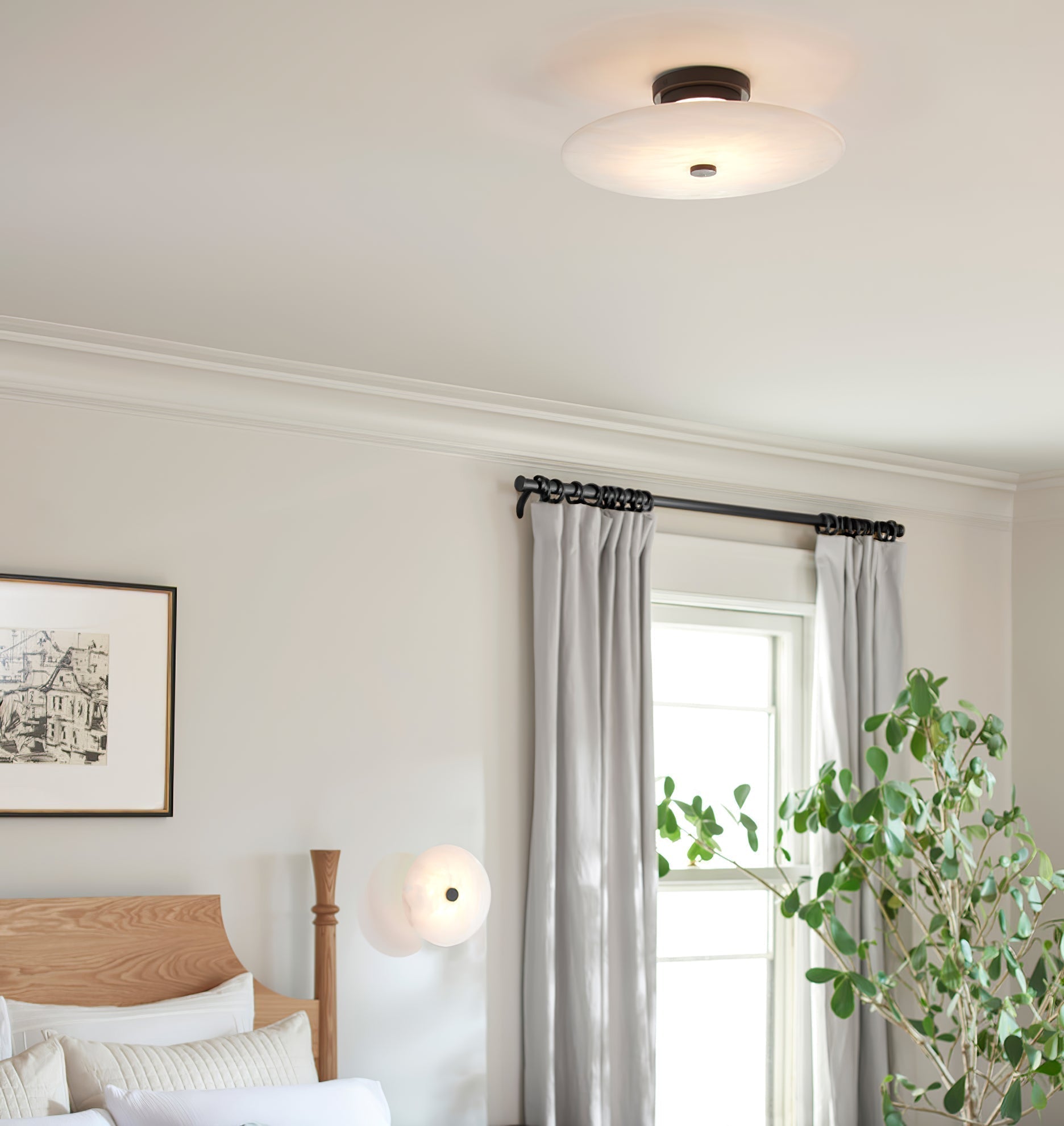 Modern Alabaster Flush Mount Ceiling Light with Brass Accents and Handcrafted Stone Shade