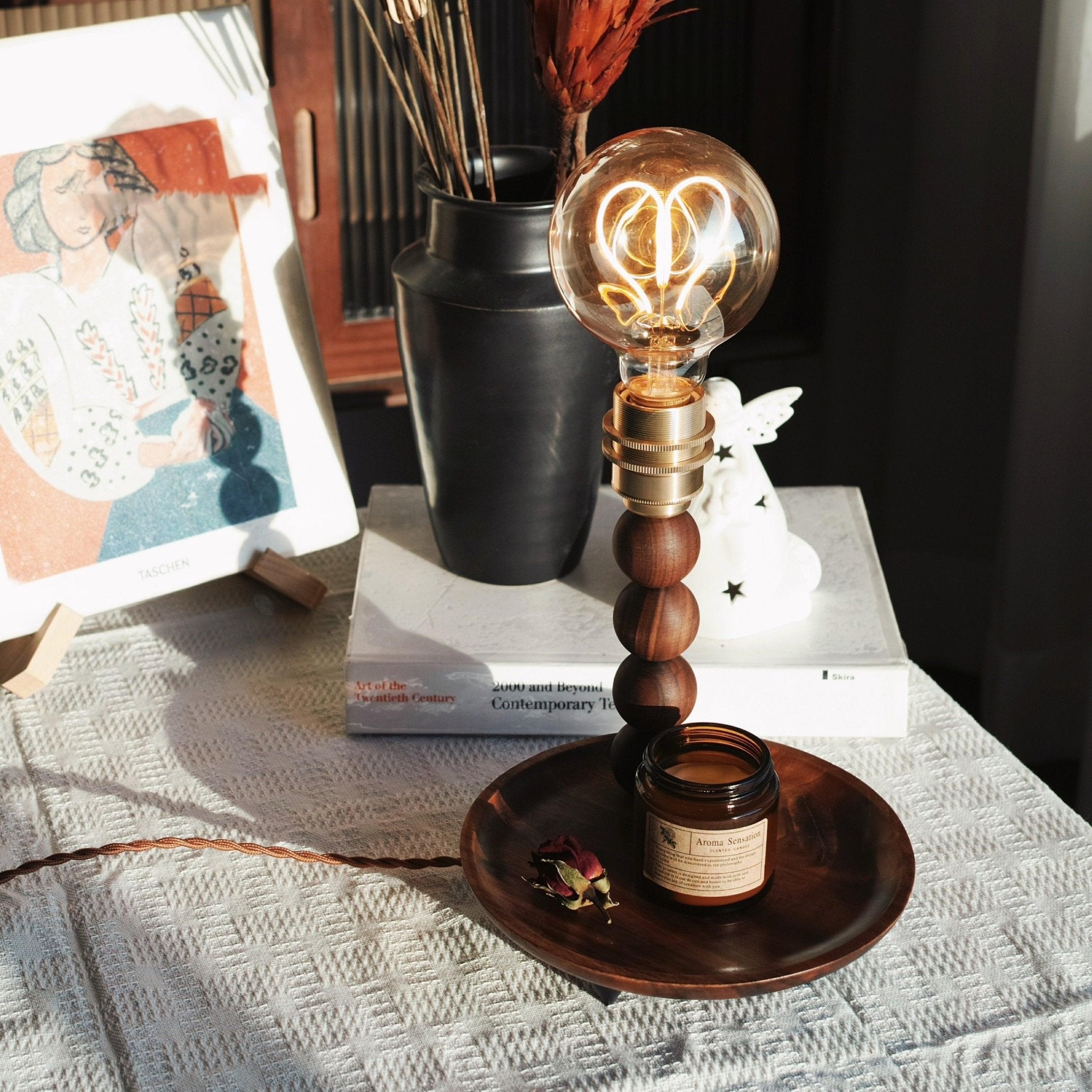 Modern Walnut Wood and Glass Love Table Lamp for Bedside and Reading