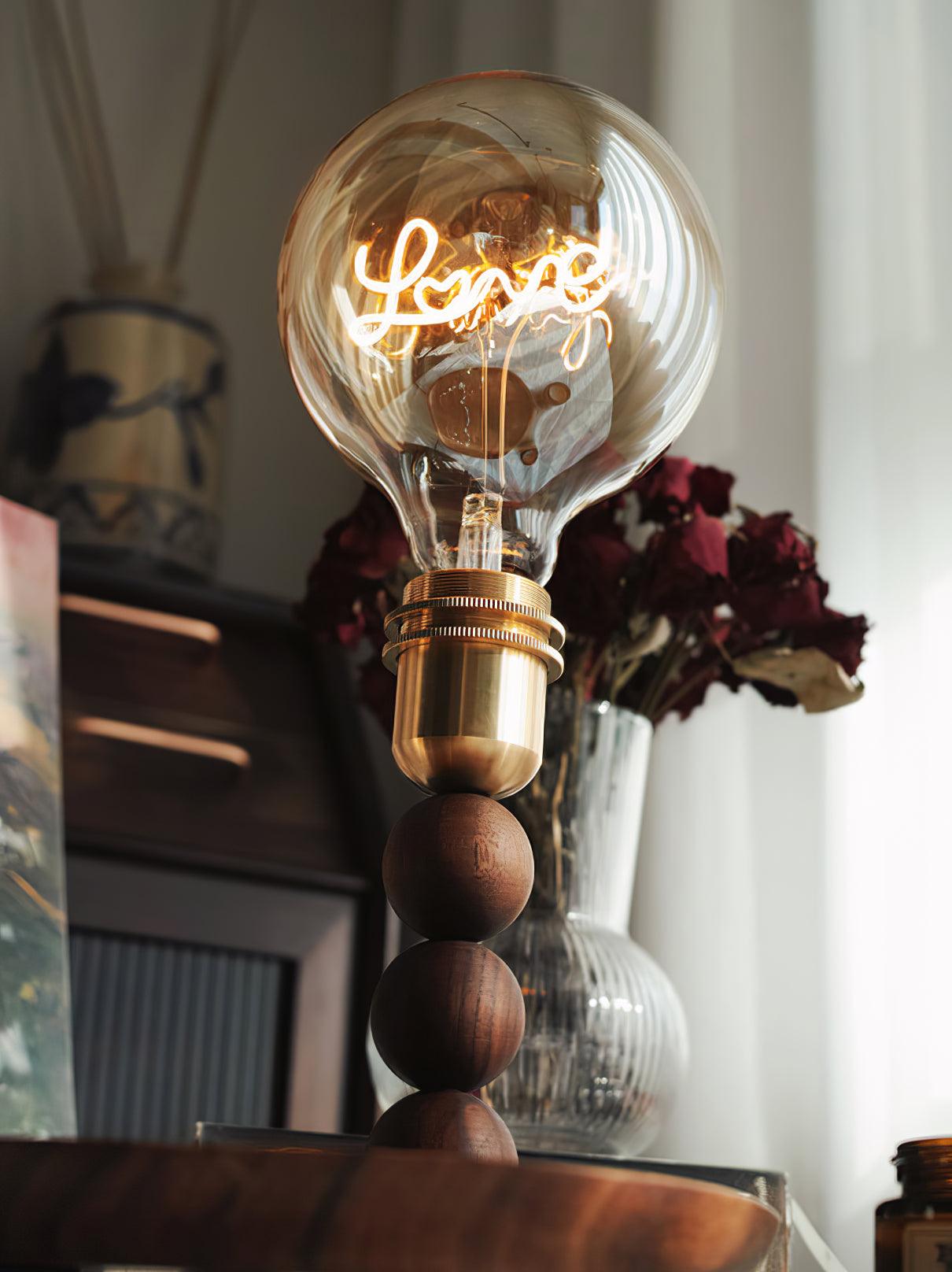 Modern Walnut Wood and Glass Love Table Lamp for Bedside and Reading