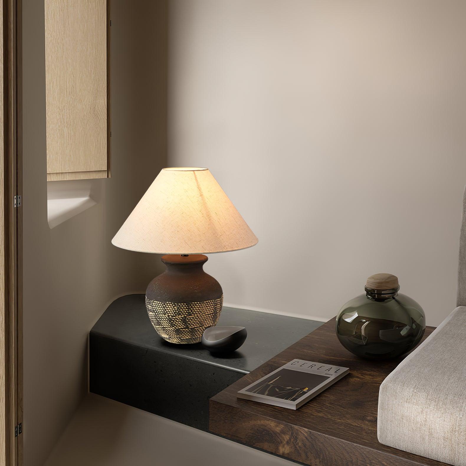 Ansel Modern Textured Black Ceramic Table Lamp with Beige Fabric Shade