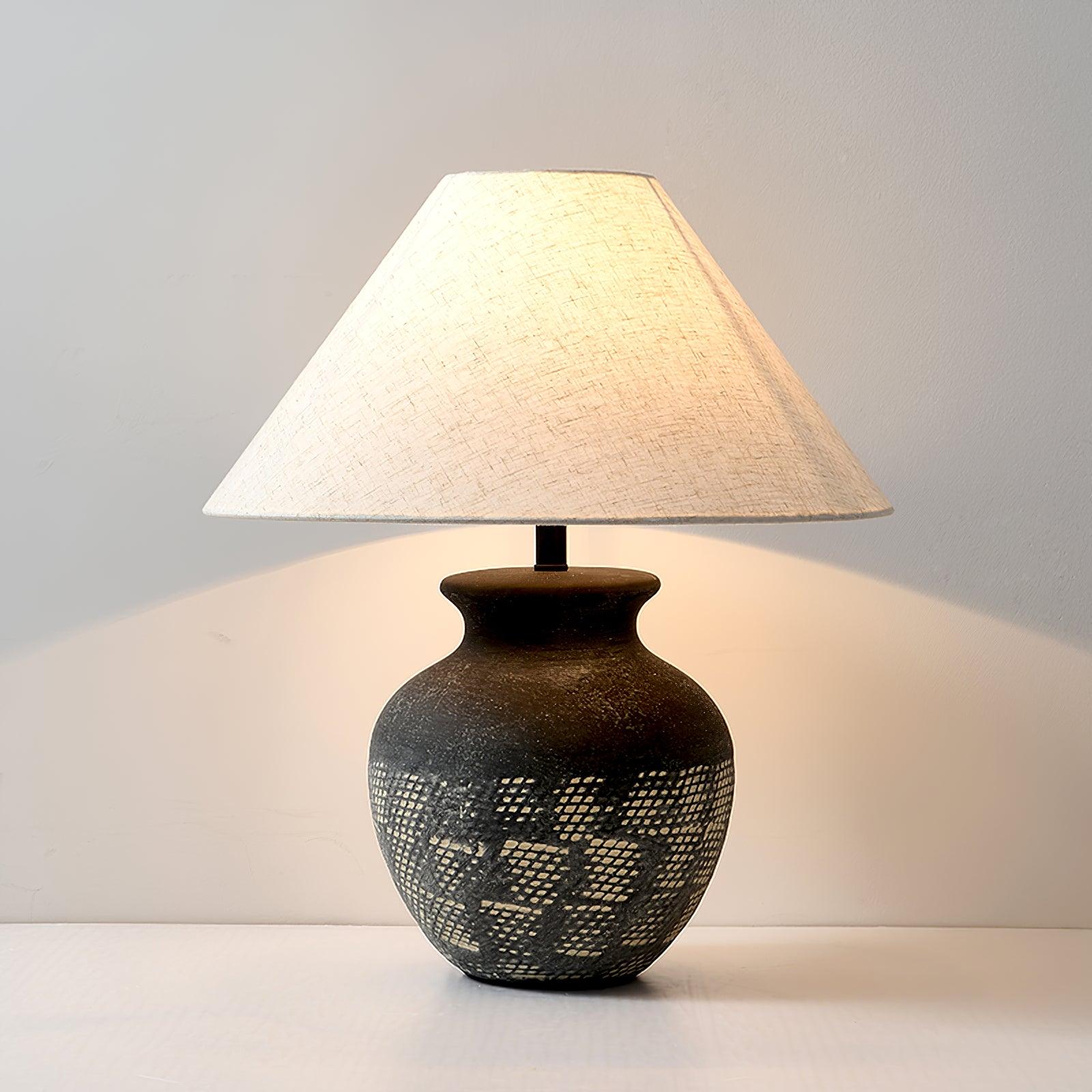Ansel Modern Textured Black Ceramic Table Lamp with Beige Fabric Shade
